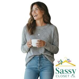 Lucky Brand Black Gray Heather Crew Neck Sweater Split Hem XS Oversized EUC